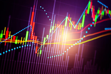 Candlestick chart in financial stock market on digital number background. Forex trading graphic design and Stock market trading trend as concept.