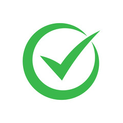 Green checkmark wich circle icon isolated on white background. Flat symbol style. Concept, check mark accept vote. Vector illustration.