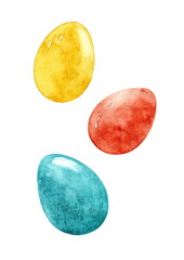 Watercolor turquoise, yellow and red Easter eggs,  hand drawn illustration, isolated on the white background