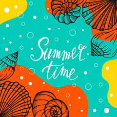 Bright summer card. Beautiful summer poster with seashells and hand written text. Summer holidays cards. Vector illustration