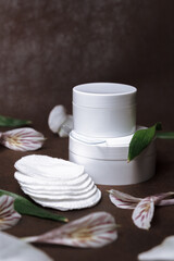 Natural facial cream with organic extracts placed with cotton pads on table with green leaves and flower petals for daily beauty routine concept 