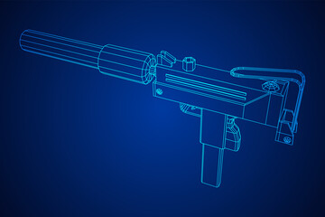 Submachine gun modern firearms pistol with silencer. Wireframe low poly mesh vector illustration.