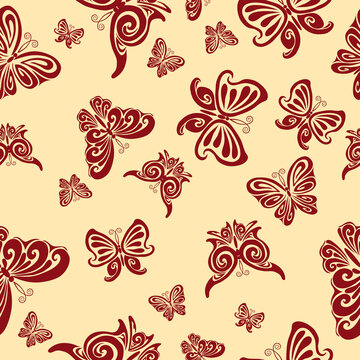 pattern, brown stylized butterflies on a beige background, vector illustration,