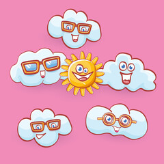 vector summer cartoon icon set with funky cartoon summer sun character and cute clouds isolated on pink sky background. funky kids summer stickers