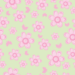pattern, delicate light pink flowers on a green background, vector illustration,