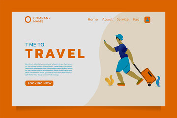 Obraz na płótnie Canvas vector illustration, Concept of landing page on travel theme, a man is running with a suitcase. Landing page template. Easy to edit and customize.