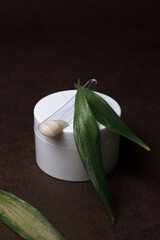From above of natural facial cream for skin care daily beauty treatment placed on table with organic green leaves 