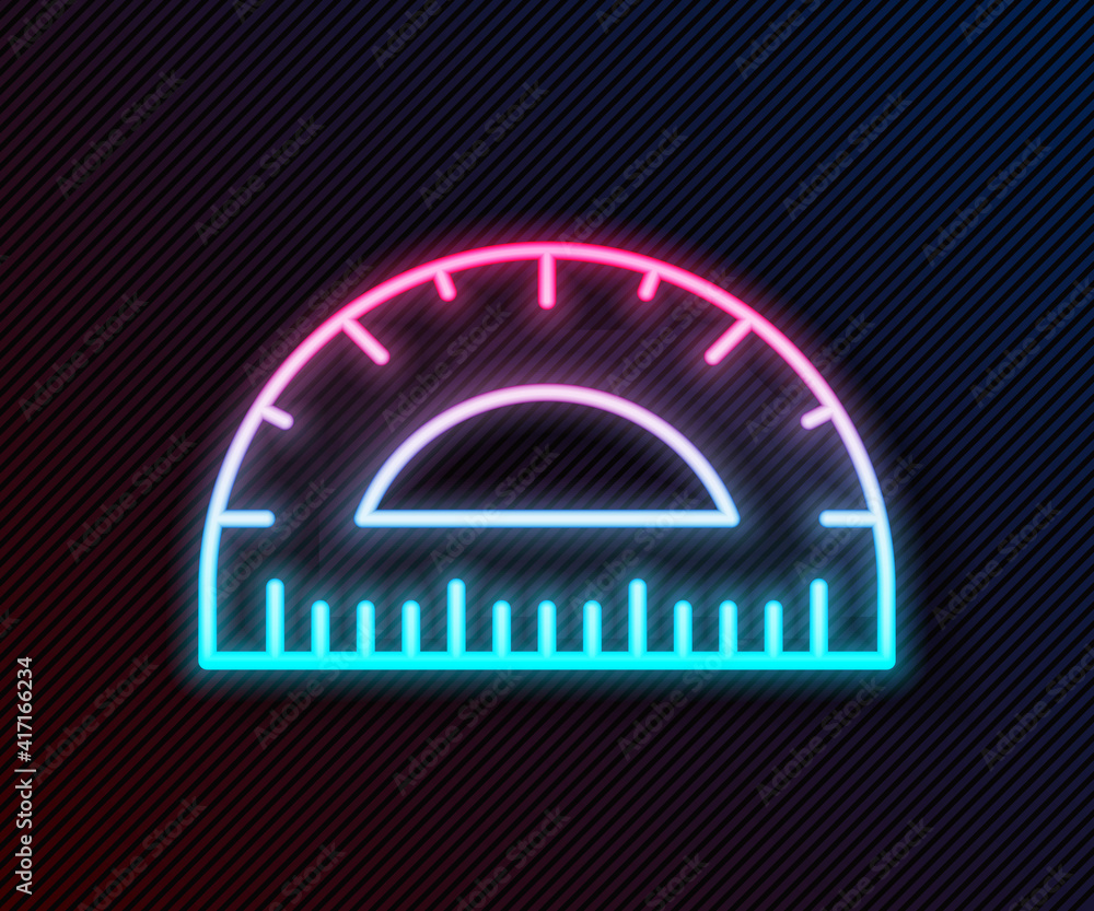 Poster Glowing neon line Protractor grid for measuring degrees icon isolated on black background. Tilt angle meter. Measuring tool. Geometric symbol. Vector.