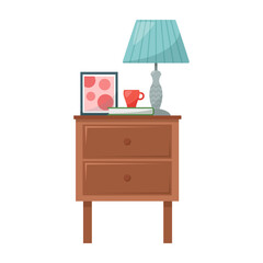 Bedside table with lamp, book, mug, picture, vector illustration
