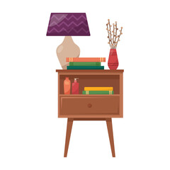 Bedside table with lamp, books, vase with dried flowers, cream for hand and face, vector illustration