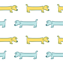 Seamless pattern with Dachshund Dogs. Line art vector illustration in blue and yellow colors