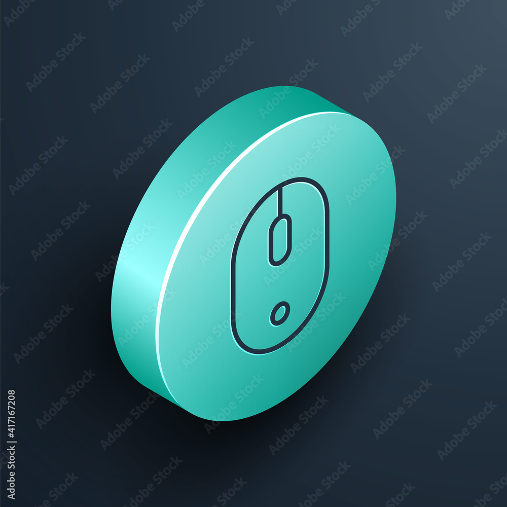Poster isometric line computer mouse icon isolated on black background. optical with wheel symbol. turquois