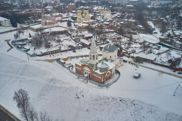 Scenic aerial view of Church of the Holy Trinity-on-Posad near ancient ruins of old Kremlin in small town Serpukhov in Moscow oblast in Russian Federation. Beautiful look of cathedral and fortress