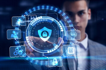 Cyber security data protection business technology privacy concept. Young businessman  select the...
