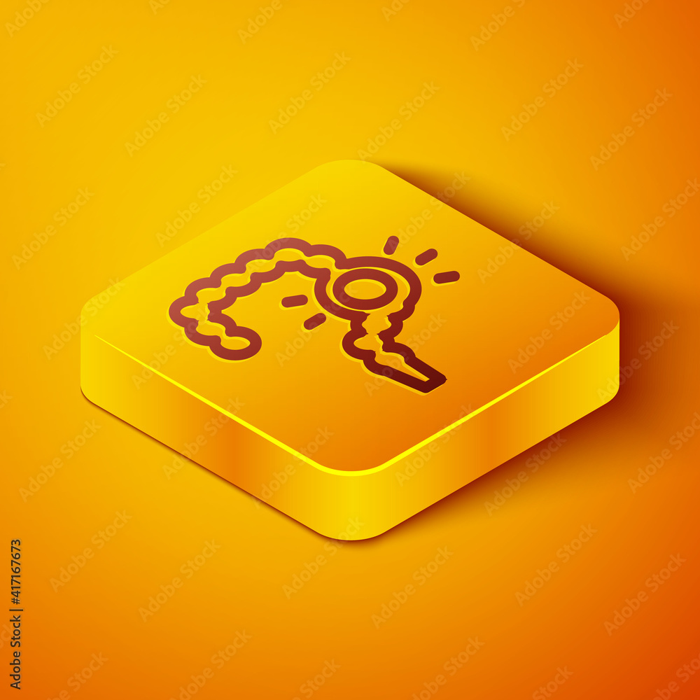 Poster isometric line gut constipation icon isolated on orange background. bowel problems. yellow square bu