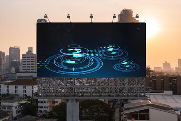 Glowing hologram of technological process on billboard, aerial panoramic cityscape of Bangkok at...