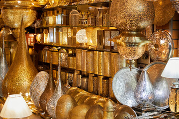 Traditional handmade Morrocan Metal lamps in a street shop in Marrakech