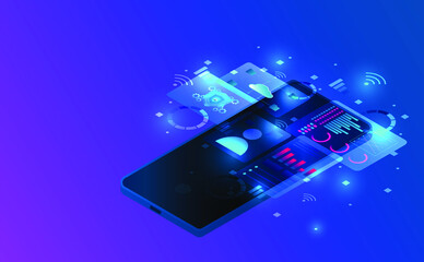 Isometric smartphone connection.Futuristic concept.vector and illsutration