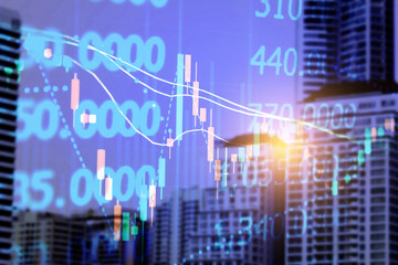 Financial data in term of a digital prices on LED display. A number of daily market price and quotation of prices chart to represent candle stick tracking in Forex trading.