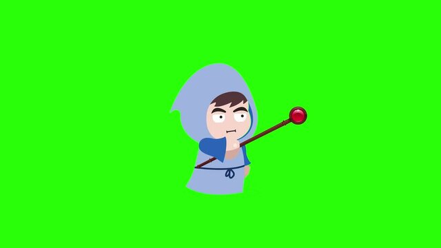 RPG Mage Character Walking and pointing the staf forward for attack Green Screen loop