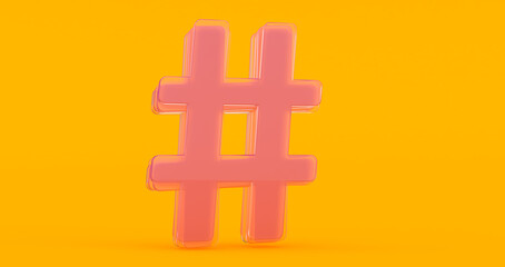 Volumetric glossy glass Hashtag icon isolated on orange background.