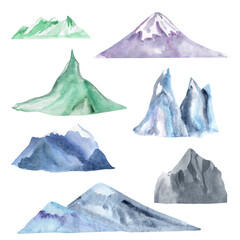 Mountains, rocks and volcanoes watercolor set. Template for decorating designs and illustrations.
