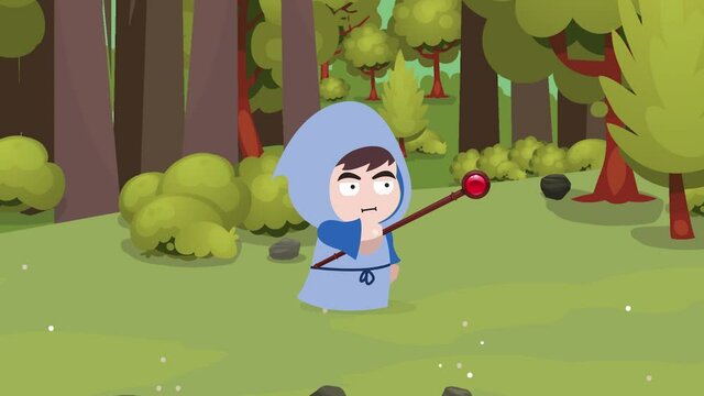 RPG Mage Character Walking and pointing the staf forward for attack in the forest