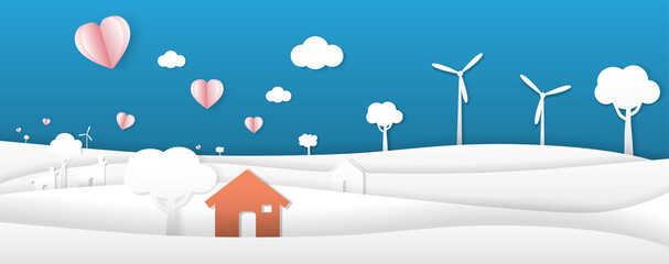 Fototapeta na wymiar Paper cut design elements in shape of heart ballon and house on mountain landscape with blue sky background. Vector symbols of love and ecology concept gift card design.