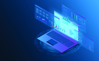 Isometric laptop analysis information. Futuristic concept.vector and illsutration