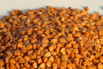 Natural food - buckwheat groats. Portion of groats before cooking. Preparation of the meal. A meal for vegetarians. Brown culinary background.