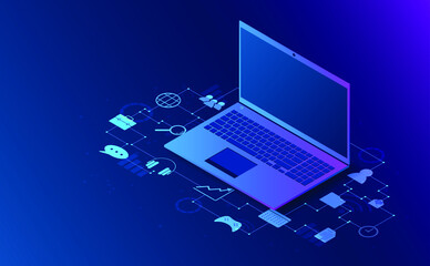 Isometric laptop analysis information. Futuristic concept.vector and illsutration