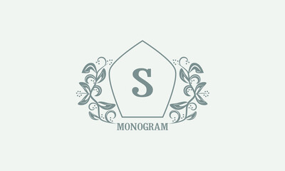 Vintage graceful floral monogram with initials S. Heraldic logo symbol with exclusive calligraphic design elements in gray tones. Business sign, identity for hotel, restaurant, jewelry.