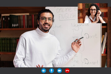 Indian man teacher explaining English grammar smiling woman, pov screen