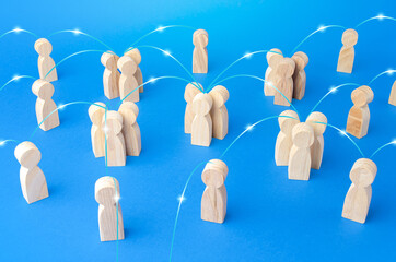 Groups of people and persons connected by lines form a social network. Communication, interaction...
