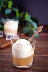 Affogato coffee with ice cream in a glass on the wooden table