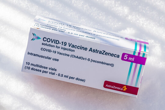 AstraZeneca vaccine box on snow. AstraZeneca Oxford vaccine also known as ChAdOx1 nCoV-19 or AZD1222 is a viral vector vaccine for preventing COVID-19 coronavirus disease