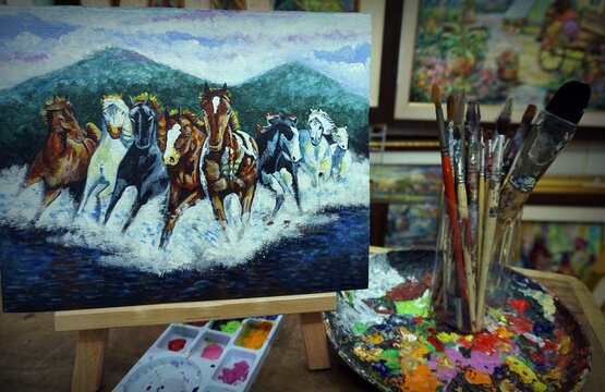Art painting Fine art Oil color running horse Lucky from Thailand