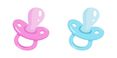 Set of two elements - pacifiers for boy and girl in pink and blue.