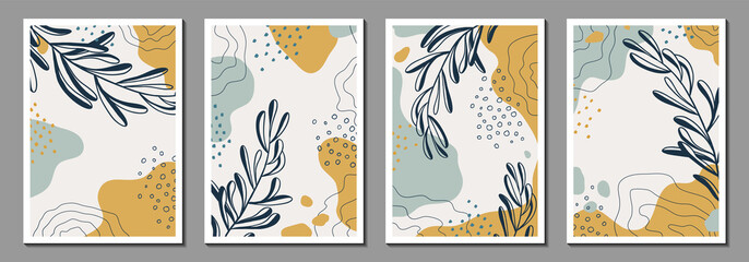 Botanical art. Abstract organic vector shapes, leaves, plants. Set of natural templates, covers, posters, greeting cards, frames, backgrounds in doodle style. Simple, minimal design. Modern graphics 