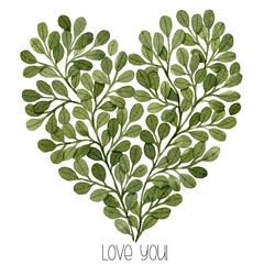 Watercolor branches in heart shape greeting card template. Botanical illustration. Cute green leaves heart with Love You text.