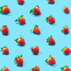 Seamless pattern of fresh strawberries on blue background. Top view.