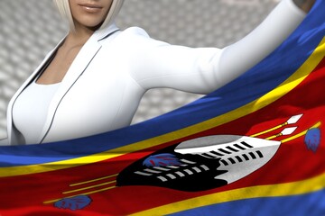 Fototapeta na wymiar beautiful business woman holds Swaziland flag in front on the modern architecture background - flag concept 3d illustration