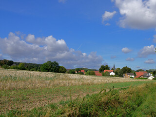 Natural landscape with field, meadow, blue sky and white clouds