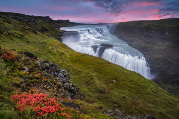 Sunset at Gullfoss waterfall, Iceland