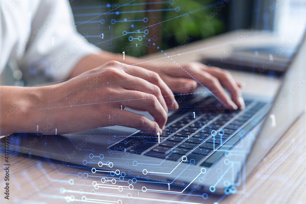 Poster woman typing the keyboard to create innovative software to change the world and provide a completely