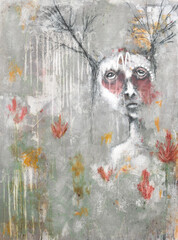 Abstract Figurative Female Figure with Branches and Flowers