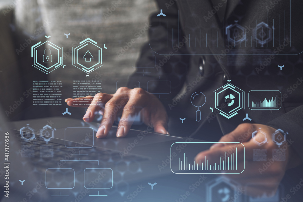 Poster woman typing the keyboard to create innovative software to change the world and provide a completely