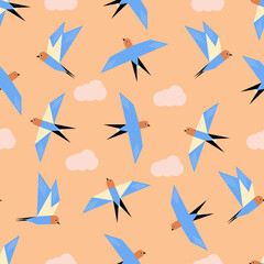 Geometrical Flat swallows flying during sunset seamless pattern