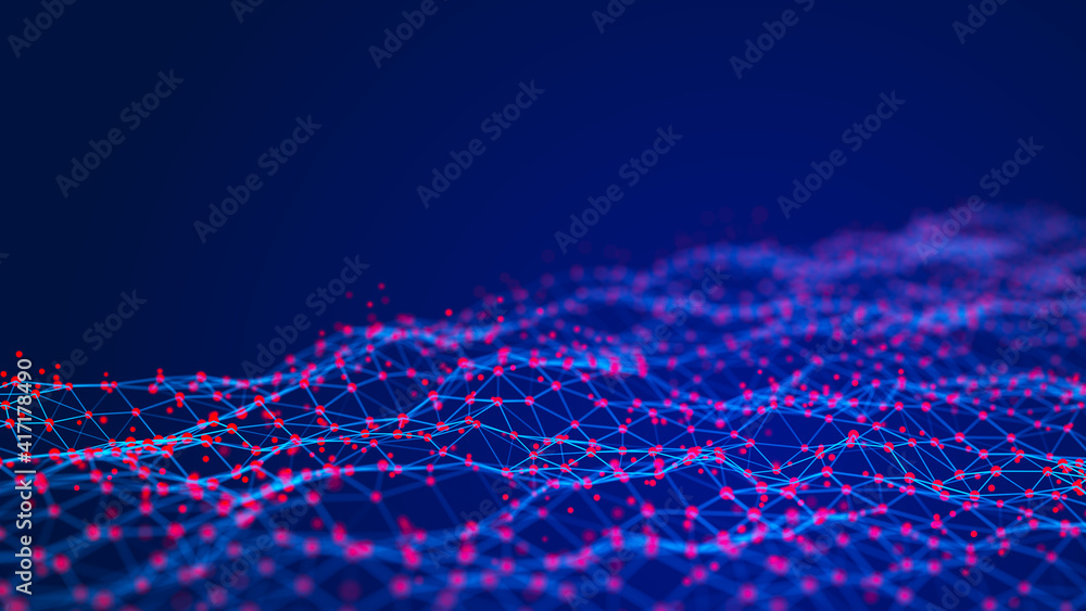 Poster Artificial intelligence in a network connection. Structural transmission of information. 3D rendering.
