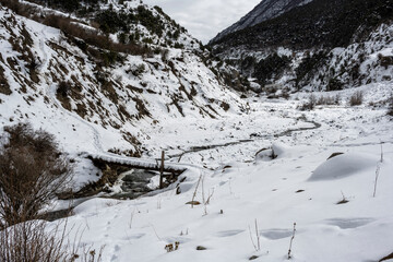 panoramic landscape of winter mountains, passes and snow-covered trees in the Caucasus 